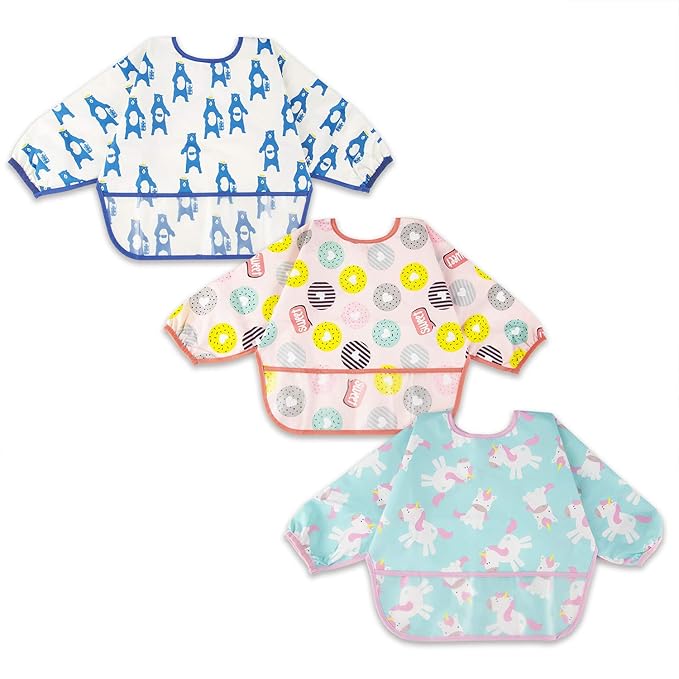 Long Sleeve Bibs For Babies 6-24 Months Full Coverage Shirt Bib for Baby Boys Girls Waterproof Smock Bibs with Sleeves Toddler Mess Free Bib for Eating with Pocket, 3 Pack