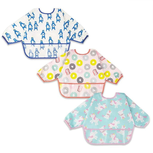 Long Sleeve Bibs For Babies 6-24 Months Full Coverage Shirt Bib for Baby Boys Girls Waterproof Smock Bibs with Sleeves Toddler Mess Free Bib for Eating with Pocket, 3 Pack