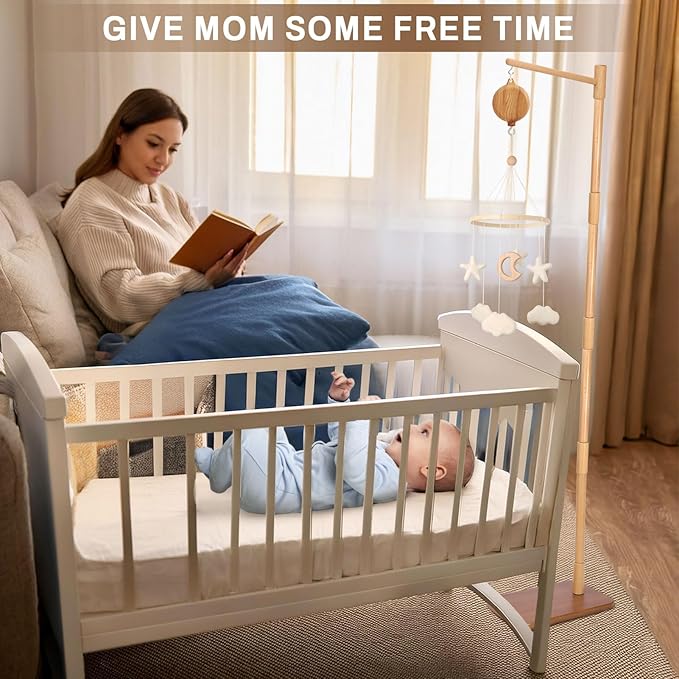 Floor-Standing Crib Mobile Arm with Music Box - 65 Inch Mobile Arm for Crib - 100% Beech Wood - Crib Mobile Motor - Volume Control - 35 Lullabies - Wooden Nursery Decor - Baby Mobile Hanger