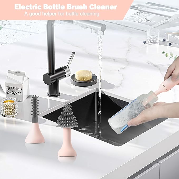 Electric Baby Bottle Brush Set with Rechargeable Electric Bottle Brush Cleaner and Replaceable Silicone Bottle Brushes and Straw Brush Cleaner, Waterproof Multi-Purpose Cleaning Brush(Pink)