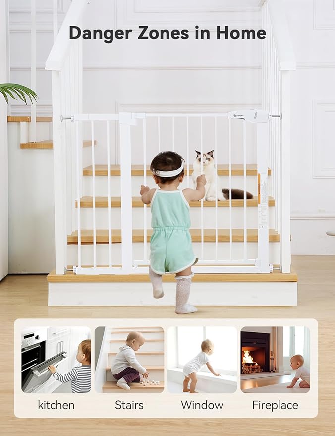 COMOMY 30" Tall Baby Gate for Stairs Doorways, Fits Openings 29.5" to 43.3" Wide, Auto Close Extra Wide Dog Gate for House, Pressure Mounted Easy Walk Through Pet Gate with Door, White