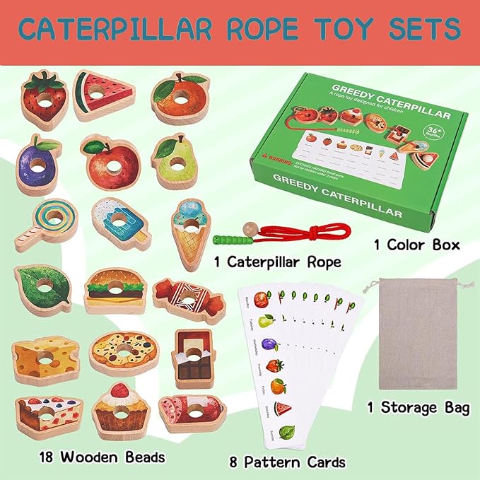 2025 New Upgrade Wooden Greedy Caterpillar Rope Toy,Greedy Caterpillar Lacing Toy,Threading Toys,2.5 in Fruit & Vegetable Caterpillar Lacing Bead String Game for 3+ Year Old