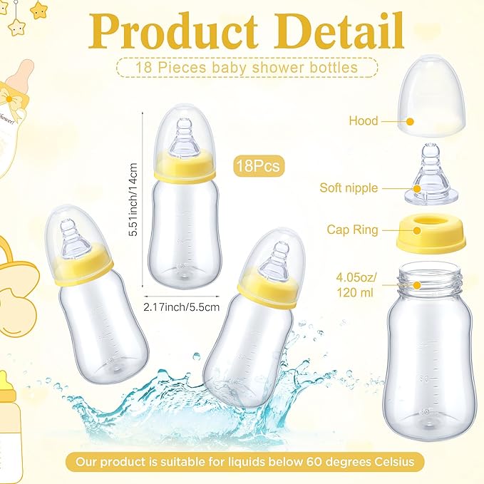 Roowest Bottle Chug Baby Shower Game Favors Including Bee Theme Wooden Sign and 18 Pcs Baby Bottles for Gender Reveal Party Supplies