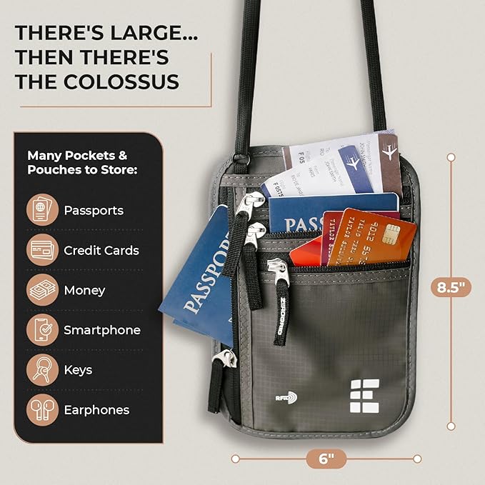 Neck Wallet for Travel & Passport Holder with RFID Blocking - Slim & Easy to Conceal Nylon Travel Pouch for men & women - Holds Phone, Cash, Cards, Keys - Sweat & Water Resistant - X-Large - Dark Grey