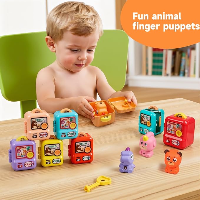 Learning Toy for Toddlers, Counting, Matching & Sorting Montessori Learning Toy，10pcs Animal Finger Puppets with Geometric Key Treasure Lock, Christmas Birthday Gift for Baby Boys Girls