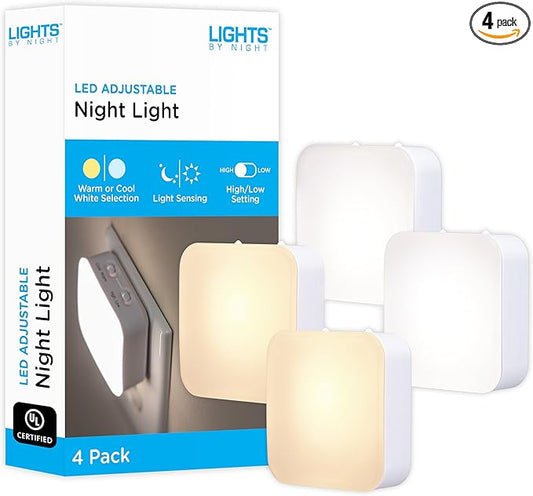 Lights By Night Dimmable LED Night Light, Plug-in, Dusk to Dawn Sensor, Adjustable, Compact, 4 Settings, Ambient Lighting, for Kids or Adults, Bedroom, Bathroom, Nursery, Hallway, 4 Pack, 82180