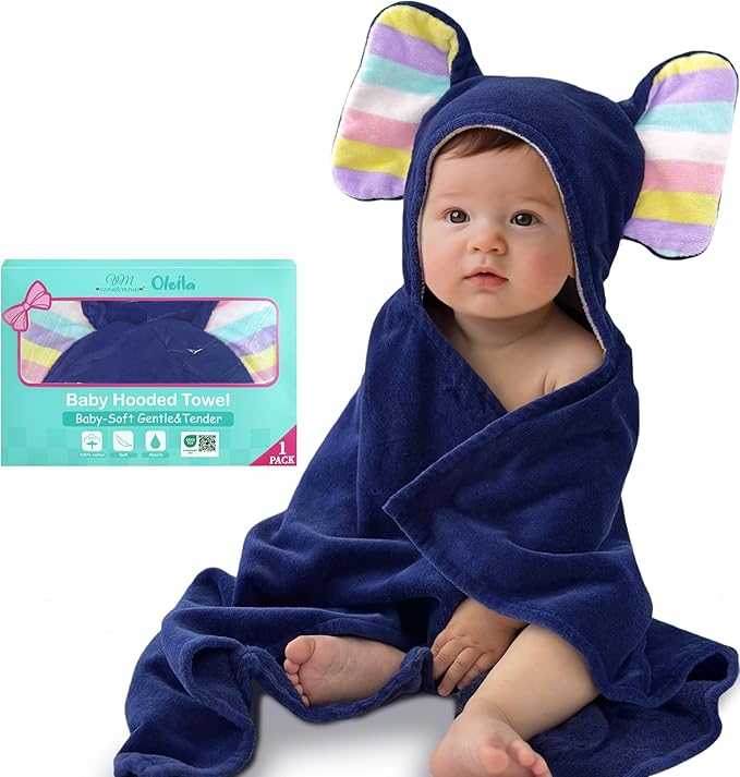 VOOVA & MOVAS Thick Baby Hooded Bath Towel - 100% Cotton,500GSM, 33x31.5 Inches,0-2Years, Super Absorbent Large Towel with Cute Elephant Ears Hood for Newborn, Baby, Infant, Baby Essentials,Navy