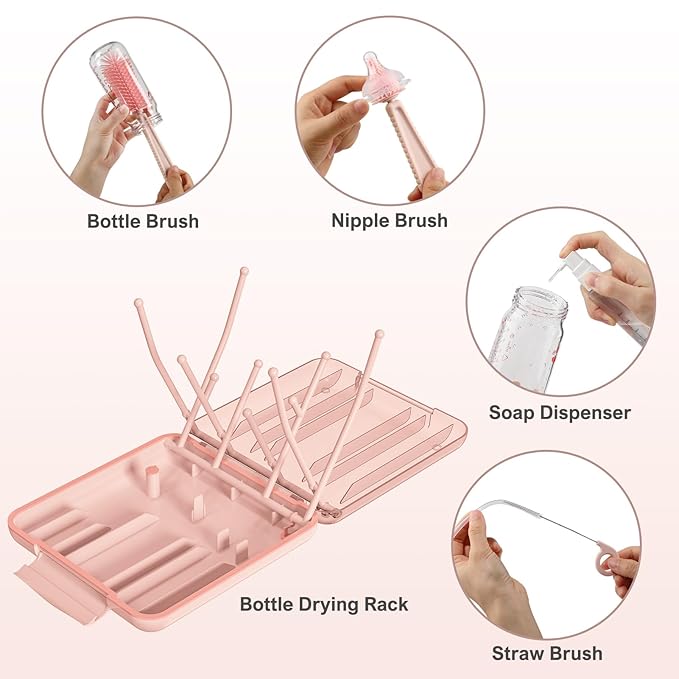 6 in 1 Baby Bottle Cleaner Set with Drying Rack,Silicone Baby Bottle Brush,Straw Brush,Nipple Brush,Soap Dispenser and Storage Box, Portable Baby Essentials for Home&Travel(Pink)