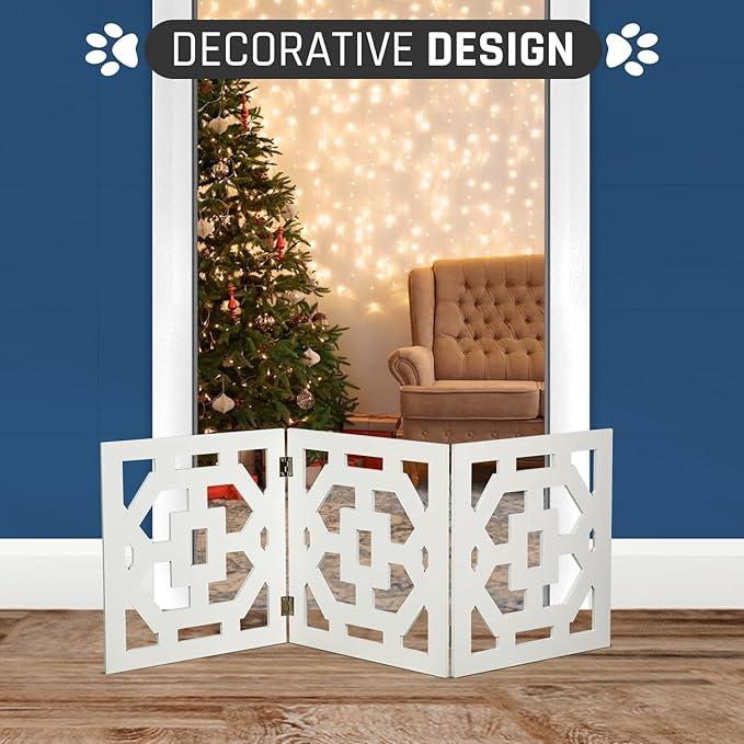 Bundaloo Freestanding Dog Gate Expandable Decorative Wooden Fence for Small to Medium Pet Dogs, Barrier for Stairs, Doorways, & Hallways