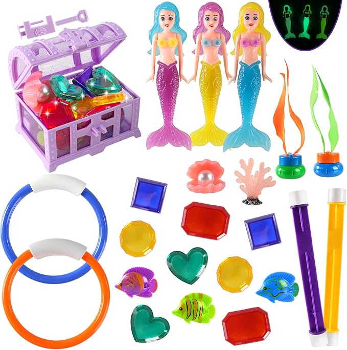 Diving Pool Toys for Kids Ages 4-12, 27 Pcs Mermaid Pool Toys with Gem Pirate Treasure and Chestand Storage Bag, Swimming Training Game Toy Summer Beach Party Gifts for Boys Girls Toddlers