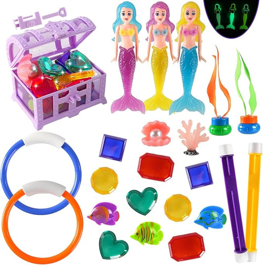 Diving Pool Toys for Kids Ages 4-12, 27 Pcs Mermaid Pool Toys with Gem Pirate Treasure and Chestand Storage Bag, Swimming Training Game Toy Summer Beach Party Gifts for Boys Girls Toddlers