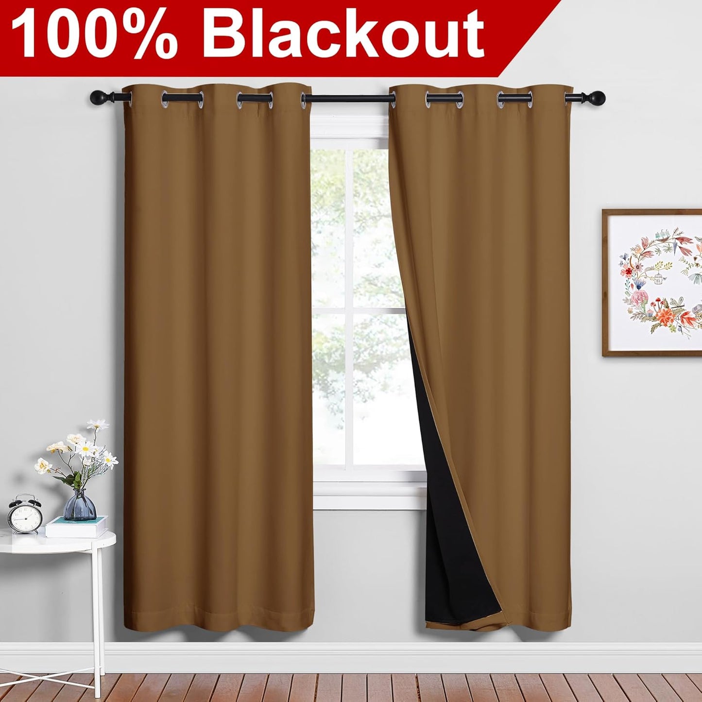 NICETOWN 100% Blackout Window Curtain Panels, Gold Brown, 2 Pieces, 42-inch Wide Per Panel, Full Light Blocking Drapes with Black Liner for Nursery, 72-inch Drop Thermal Insulated Draperies