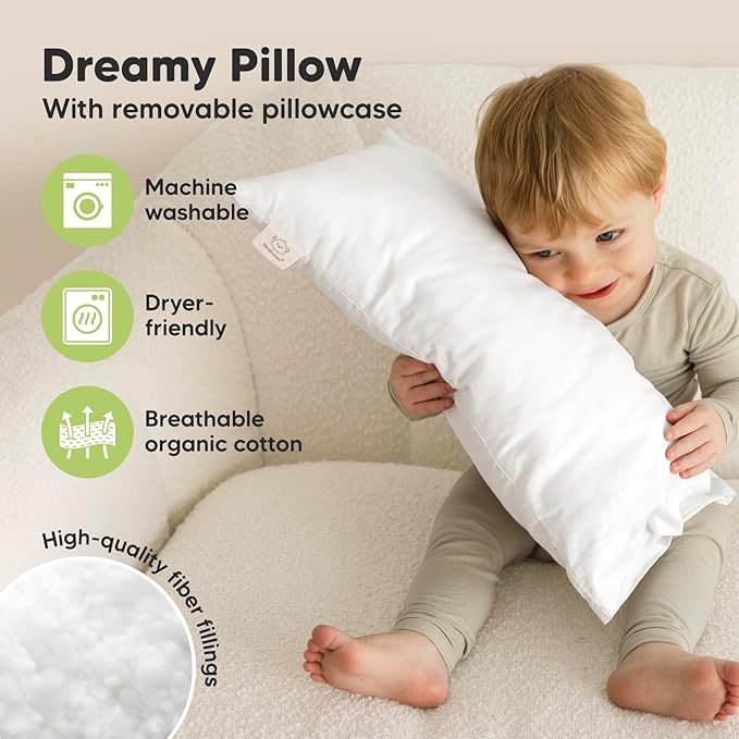 Toddler Pillow with Pillowcase - 10x18 My Little Dreamy Kids Travel Bed Pillows for Sleeping, Organic Cotton Small Pillowcase, Soft & Breathable, Machine Washable, Toddlers 2-5 years old (Soft White)