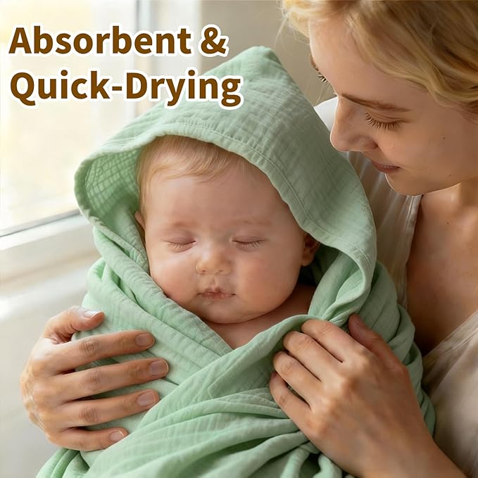 Organic Muslin Hooded Baby Bath Towels - 2 Pack 100% Organic Cotton Towel for Babies, Infants, Toddlers - 32x32Inch - Highly Absorbent and Newborn Essential(Blue Green)