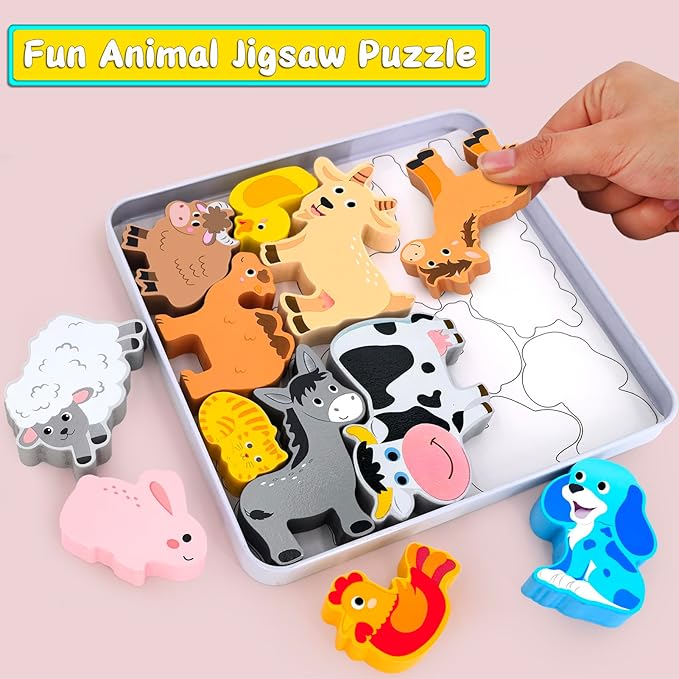 Wooden Animal Puzzles Toys for Toddlers,12 Pcs Farm Animal Figures,Animal Matching Sorting Stacking Toys for Boys Child Girls,Educational Learning Toys Gift for Kids