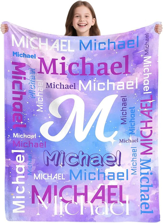 Custom Blanket with Initial Name ,Personalized Blankets for Kids Adult Boys Girls ,Flannel Customized Blankets Throw for Boys Girls