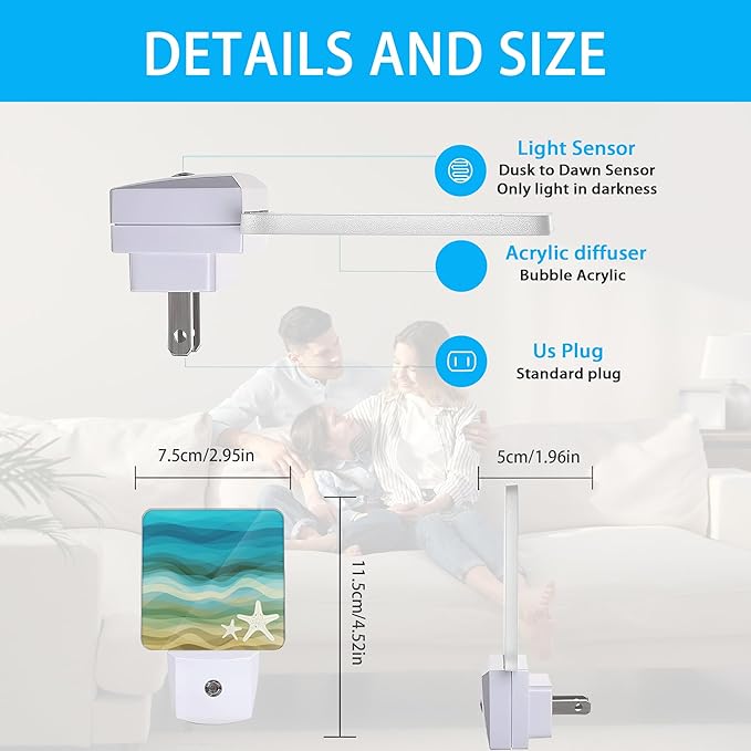 Night Lights Plug into Wall Modern Waves Starfish Sandy Beach Night Lights Dusk to Dawn Sensor Led Lamp for Women Men,Led Lights for Stairway/Hallway/Bedroom,0.5W