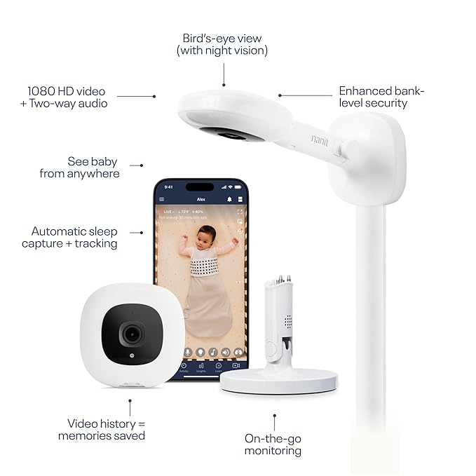 Nanit Pro Smart Baby Monitor with Flex Stand and Wall Mount - 1080p HD Video, Sleep Tracking, 2-Way Audio, Sound/Motion/Cry Notifications, Night Vision - for Home & Travel