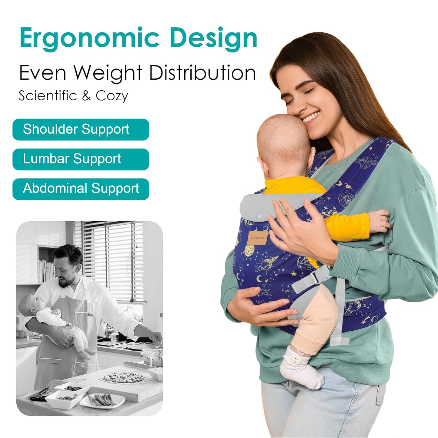 Baby Carrier Newborn to Toddler, Ergonomic Adjustable Toddler Carriers for 7-66 Lbs, Cozy Lightweight Infant Carrier with Neck Support, Baby Holder Carrier with Lumbar Support for Mom Dad