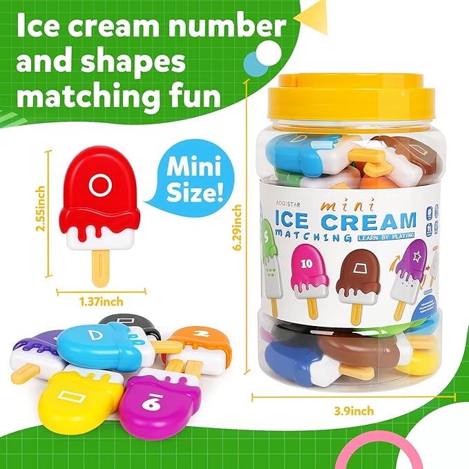 Ice Cream Toy Set - Number & Shape Sorting Stacking Bucket for Toddlers - Educational Counting Color Recognition - Montessori Math Learning Toys for Kids Ages 3+Year Old