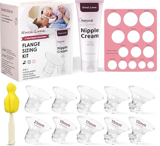 Flange Sizing Kit with 10PCS Flange Inserts 13/15/17/19/21mm, Nipple Measurement Tool, Silicone Flange Insert Kit for 24mm Flange/Shield Breast Pumps, Breastfeeding Essentials Kit