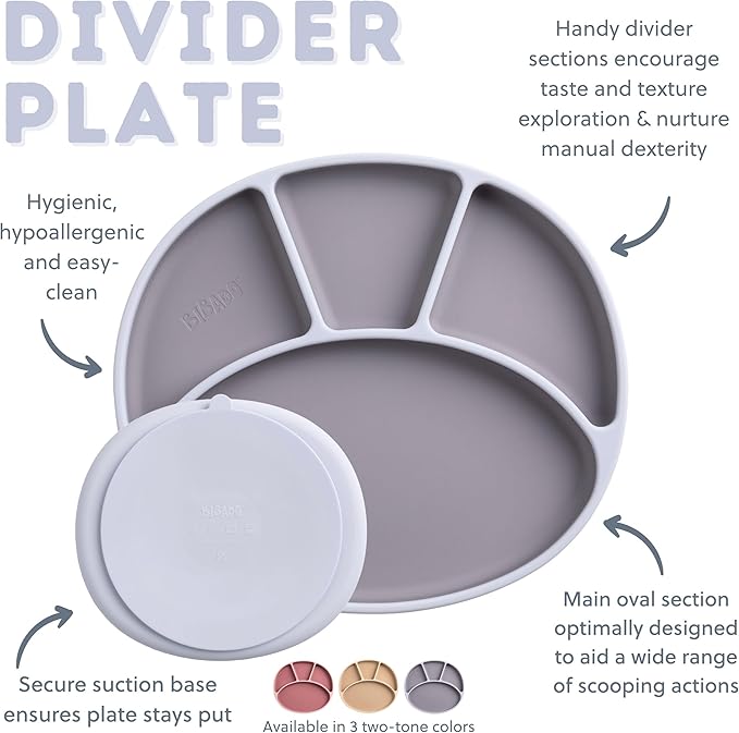 BIBaDO - Silicone Suction Divider Plate (Mist) - Toddler Plates - Help Develop Motor Skills - Durable, Dishwasher & Microwave Safe, BPA Free - Medical Grade - Baby Essentials - 6 Months to 3 Years