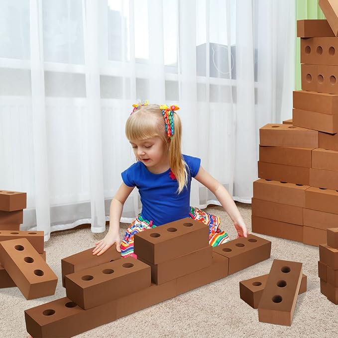 Deekin 80 Pcs Foam Brick Building Blocks for Kids Thick Blocks Foam Large Fake Brick Construction Toy for Stacking Construction, 8 x 4 x 2.4 in (Circle Holes)