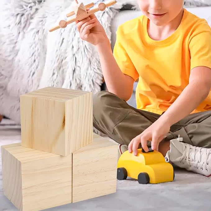 3 Inch Natural Unfinished Solid Wooden Cubes for Crafting, Carving, DIY Projects - 3 Pack Square Blocks for Puzzle Building, Art Painting & Woodworking