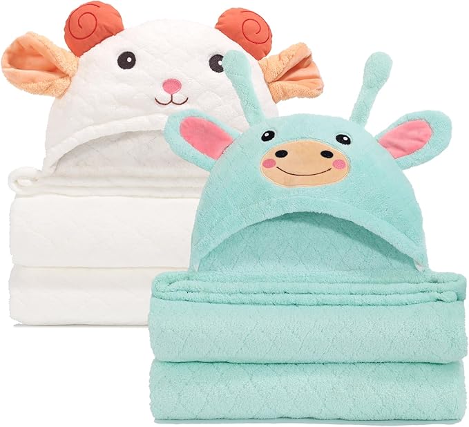 Hooded Bath Towels for Babies, 50 * 32 Inches Skin-Friendly Baby Towel with Animal Hood, 2-Pack Ultra Absorbent Thick Soft for Boys&Girls, White Sheep & Green Giraffe