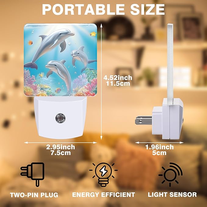 Night Light Dolphin in Colorful Underwater World Night Lights Plug into Wall Smart Dusk to Dawn Sensor 0.5W Energy Efficient Led Lamp for Men Women Bedroom Bathroom Hallway Stairway Decor