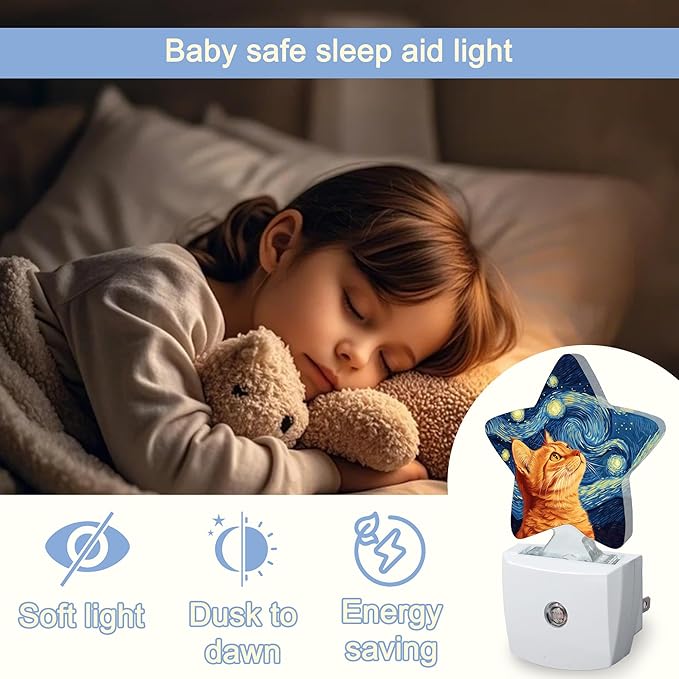 Starry Night Cat Night Lights Plug Into Wall,Abstract Oil Painting Star Night Light for Kids,Nightlight with Dusk to Dawn Smart Sensor for Bedroom Bathroom Decor,Children Women Men Gift