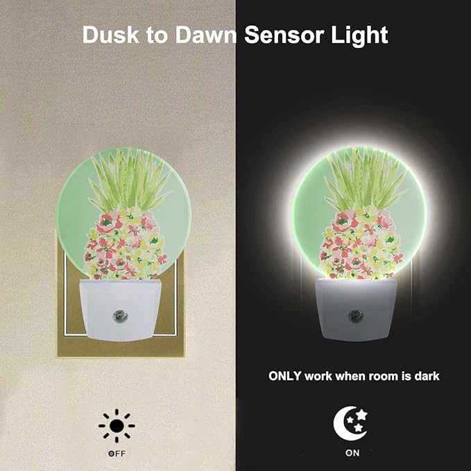EKOBLA Cute Pineapple Night Light Tropical Fruit Plug-in Nightlights with Dusk to Dawn Sensor, 0.5W Energy Efficient Lighting for Bedroom & Kitchen (Auto On/Off Home Decor)