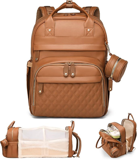 Leather Diaper Bags with Changing Station，Baby Bag，Large Capacity Diaper Bag Backpack for Moms Dads,Waterproof Diaper Backpack（Brown）
