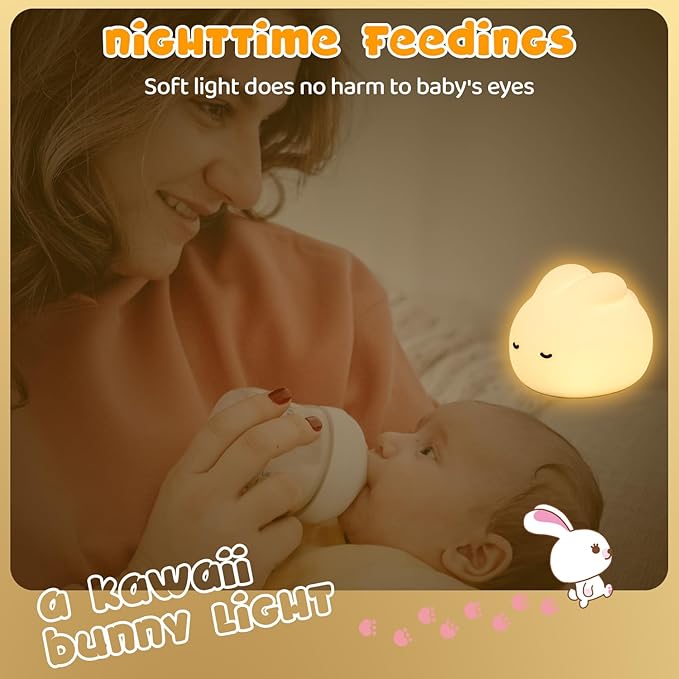 Cute Bunny Night Light, 3 Level Dimmable Nursery NightLight for Kids, Silicone Squishy Rabbit Lamp with Tap Control & Timer for Breastfeeding Toddler Baby Kids Decor Gift