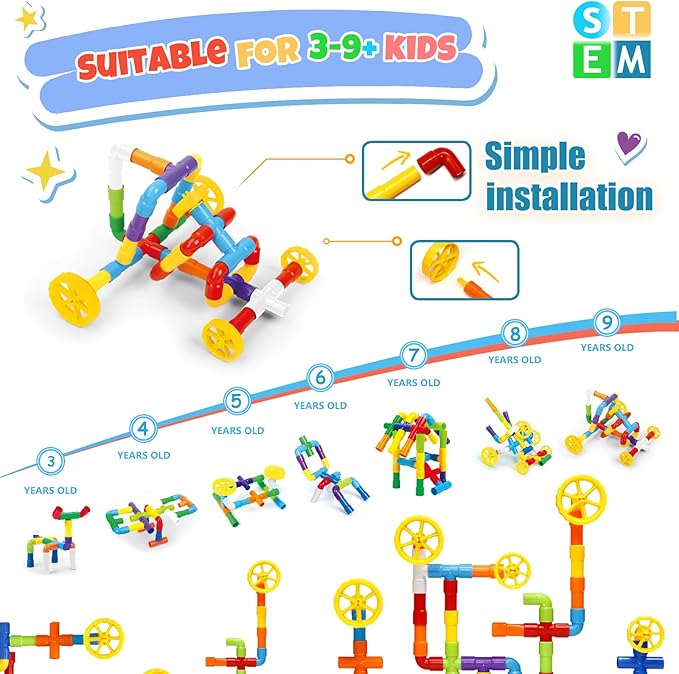 STEM Building Toy for Toddlers 200Pieces Tube Pipe Toy,Educational Preschool Game for 3+ Years,Learning Building Blocks Play with Storage Box Gift Kit,Montessori Toys for Boys & Girls