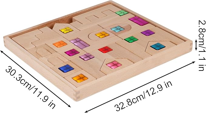 38PCS Wooden Building Blocks Set with Colorful Acrylic Inserts, Include Wooden Castles, Stairs, Arches Educational Construction Toy for Toddlers (38PCS Castle House)