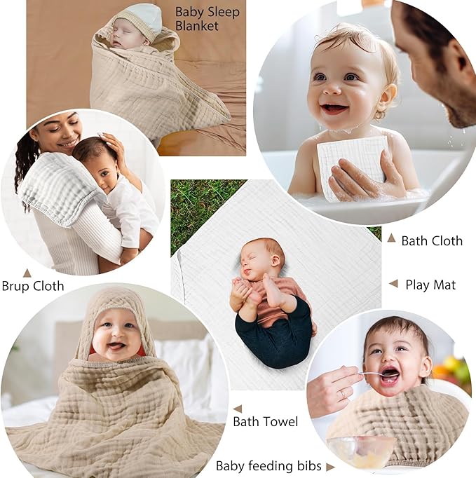 VitalCozy 6 Pcs Baby Muslin Hooded Bath Towels and Washcloths, 32 x 32 Inch Muslin Cotton Hooded Baby Towels Absorbent Hooded Blankets for Gift Newborn Infant Shower (Beige,Green)