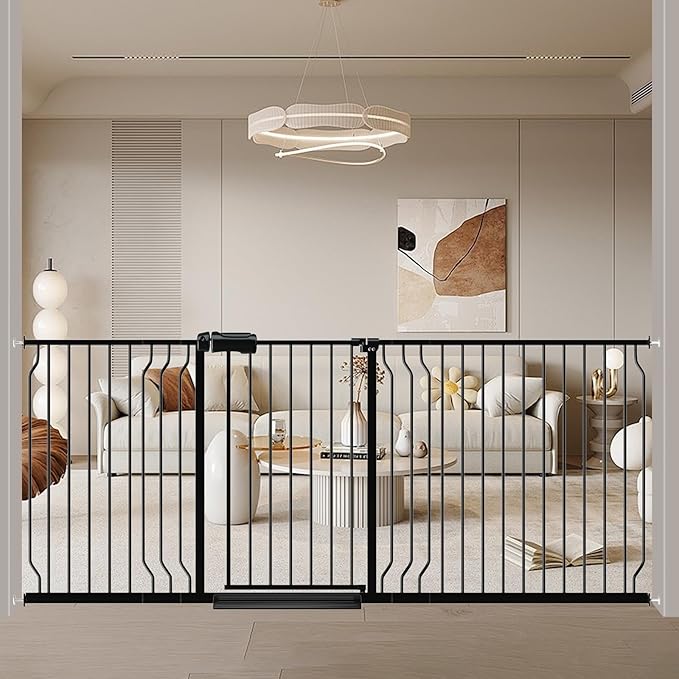 Extra Wide Baby Gates for Doorways 71.65"-85.82" Extra Wide Baby Gate Dog gate Pressure Mounted No Drilling with Walk-Through, Auto-Close & Dual-Direction Swing for Large Wide Opening Black