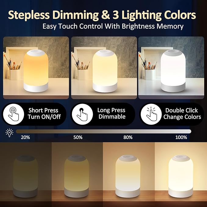 Bedside Touch Night Light, Baby Nursery Nightlight for Kids Adults, Egg Light with Timer, Dimmable Small Cordless Table Lamp for Nightstand/Bedroom/Children's Room, USB Rechargeable, White/Warm/Amber
