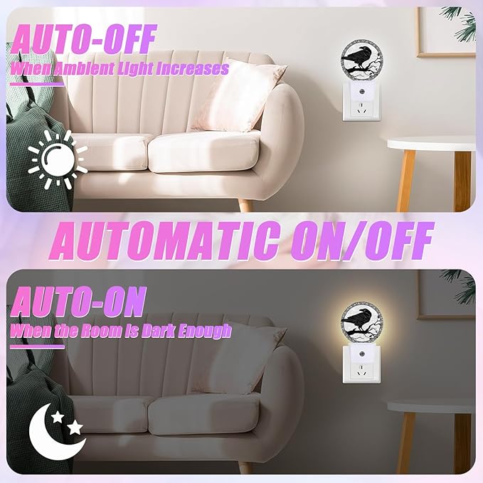 Crow Night Light Black Bird Night Lights LED Lamp Round Plug into Wall Nightlight with Dusk to Dawn Sensor Home Hallway Stairway Kitchen Decor