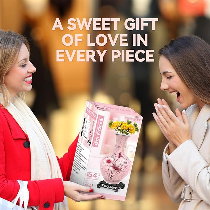 3D Puzzles Vase for Adults, Crafts for Adults, 164 Pieces Plastic DIY Unique Flower Vase with LED Light House Warming Gift Birthday Gifts for Flower Arrangements and Home Decor (Pink)
