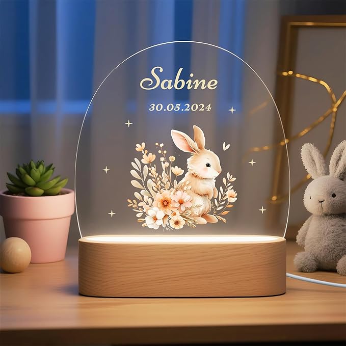callie Acrylic Night Light Name Plate Personalized, Custom Cute Animal Dog Cat with Wooden Base Bedroom Decor, Birthday Gifts Kid Gifts for Family (Animal Bear Fox)