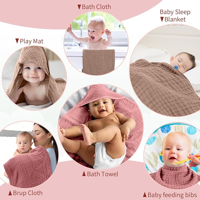 VitalCozy 6 Pcs Baby Muslin Hooded Bath Towels and Washcloths, 32 x 32 Inch Muslin Cotton Hooded Baby Towels Absorbent Blankets for Gift Newborn Infant Shower(Light Bean Paste, Rose Pink)