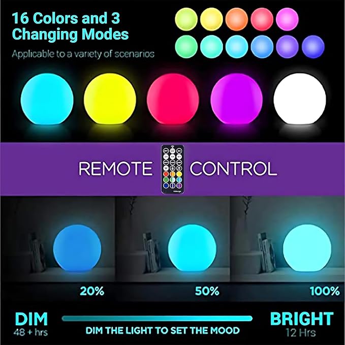 LOFTEK 8-inch LED Night Light Ball: 16 RGB Colors and Dimmable Globe Light with Remote, Upgraded Folding Handle, Seamless Matte Housing, Rechargeable IP65 Floating Pool Light, for Nursery or Decor