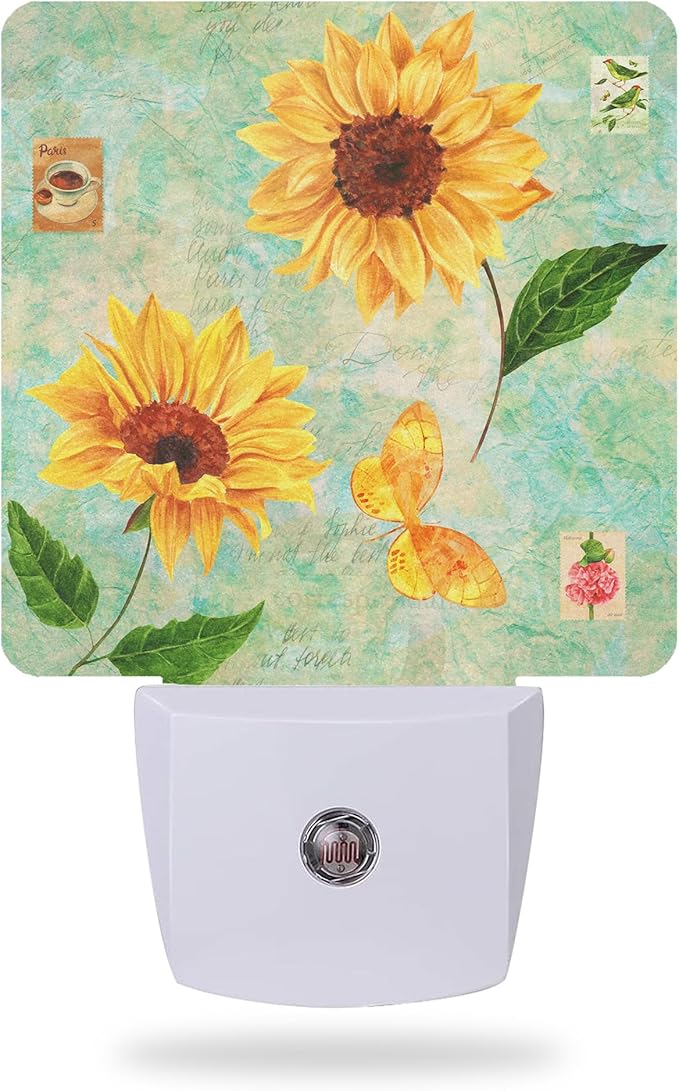 Vintage Sunflowers Night Light Plug into Wall,Butterfly Night Light with Dusk to Dawn Sensor Night Light for Kid Girls Boys Women Men Room Decor,Hallway,Kitchen,Bathroom,Nursery,Stairs