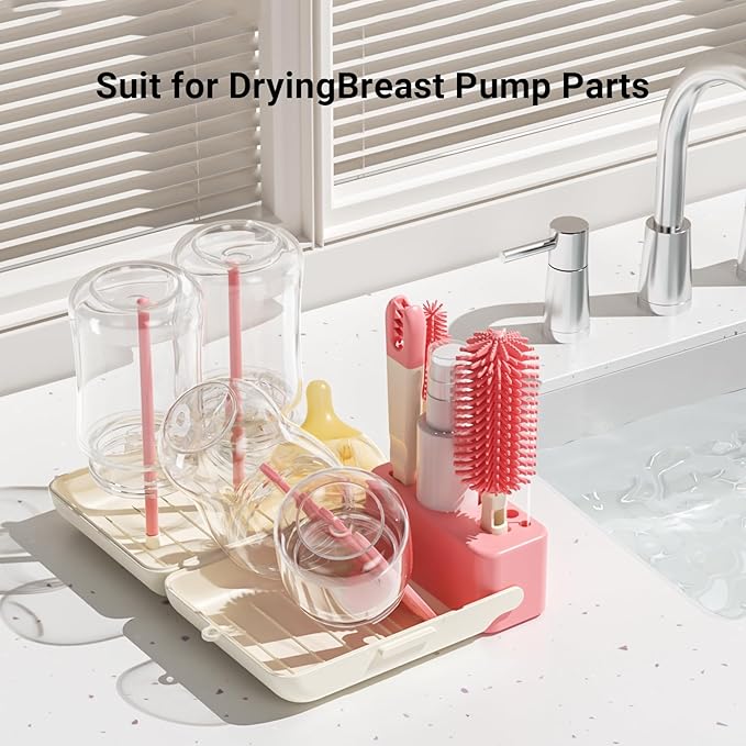 Baby Bottle Brush, 7 in 1 Travel Baby Bottle Cleaner Brush Set with Silicone Brush, Nipple Brush, Straw Brush, Soap Dispenser, Portable Drying Rack, Breast Pump & Bottle Cleaning Kit - Coral Pink