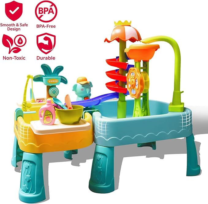 Water Table for Toddlers 1-3, 4-in-1 Outdoor Sand and Water Play Tables with Pump, Summer Kitchen Sink Toy with Fishing Game, Floating Boat, Sensory Gifts for Kids Ages 3-8