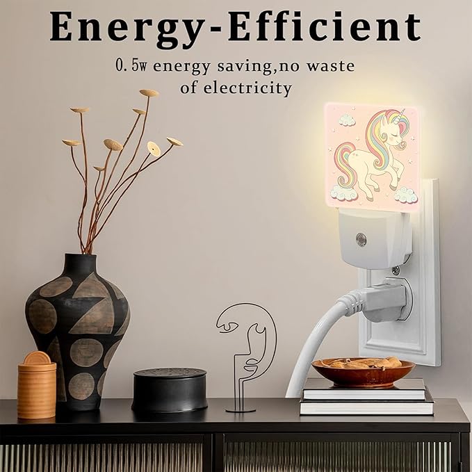 Cute Rainbow Unicorn Night Light, Pink Unicoron Cloud Stars Dusk to Dawn Night Light Plug in,0.5w Energy Saving Sleep Friendly NightLight for Kids Boys Girls Home Decor