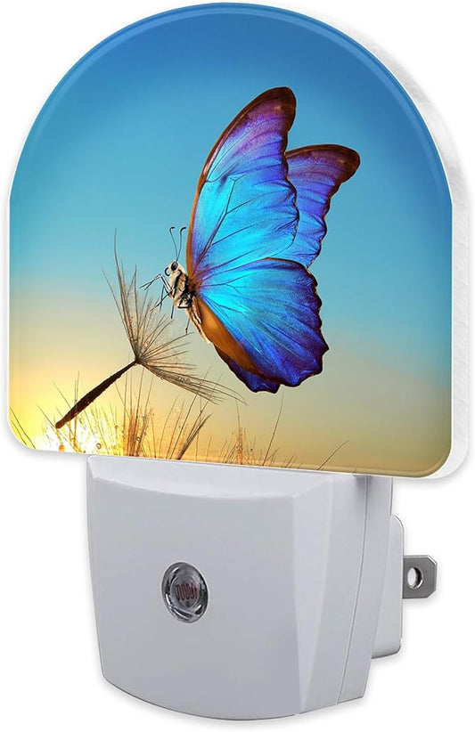 Blue Butterfly and Dandelion Night Light Plug into Wall, Butterfly in The Sunset Dusk to Dawn Night Light,0.5w Energy Saving Sleep Friendly Nightlights for Kids Boys Girls Home Decor