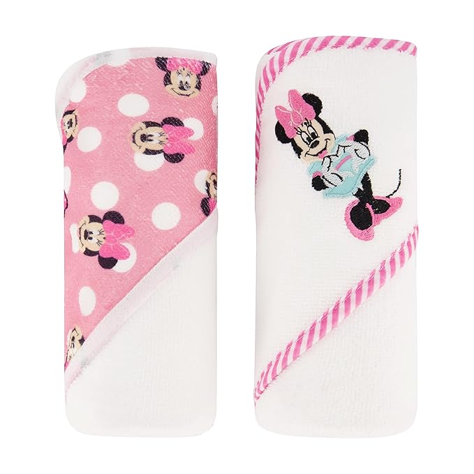 Disney Cudlie Baby Girl Minnie Mouse 2 Pack Rolled/Carded Hooded Towels in Happy Dots Print
